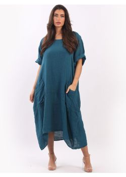 Italian Front Pockets Plain Linen Lagenlook Dress