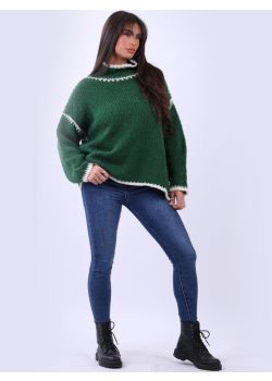 Italian Funnel Neck Contrast Stitch Wool Knitted Baggy Jumper