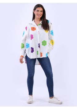 Italian Multi Floral Print Oversized Button Down Women Linen Shirt
