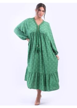 Italian Paisley Print V-Neck Lagenlook Boho Oversized Maxi Dress
