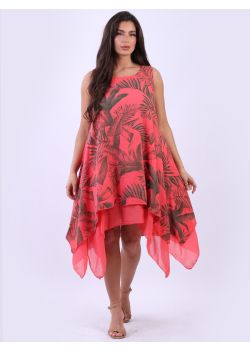 Italian Palm Print Double Layer Linen Lagenlook Sleeveless Dress