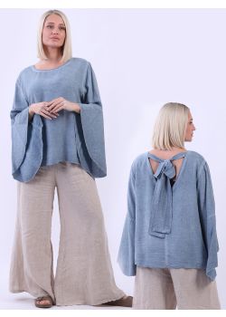 Italian Plain Bell Sleeves Knotted Backside Cotton Lagenlook Top