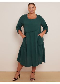 Italian Plain Cotton Ruched Lagenlook Plus Size Midi Swing Dress
