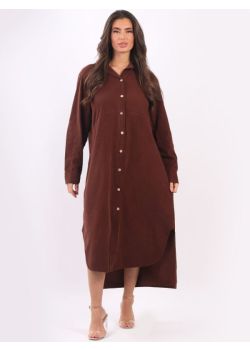 Italian Plain Front Buttons Cotton Lagenlook Corduroy Shirt Dress