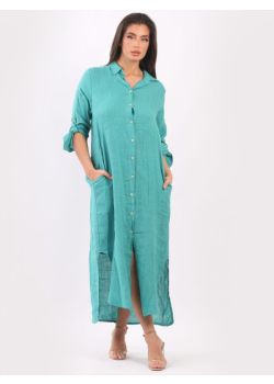 Italian Plain Front Buttons Linen Lagenlook Long Shirt Dress