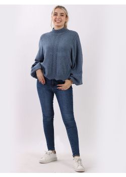 Italian Plain Funnel Neck Baggy Puff Sleeves Knitted Crop Pullover
