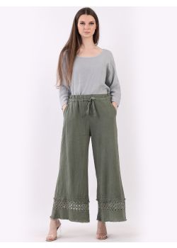 Italian Plain Linen Ladies Crochet Net Wide Leg Trouser