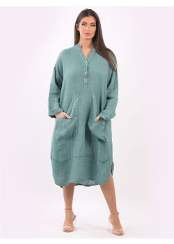 Italian Plain Plus Size Front Pockets Linen Slouchy Midi Dress
