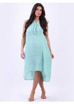 Italian Plain Sleeveless Front Lace Placket Linen Lagenlook Shift Dress