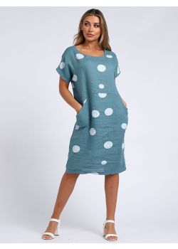 Italian Polka Dot Front Pocket Lagenlook Linen Dress