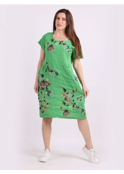 Italian Side Ribbed Front Pocket Floral Short Sleeve Lagenlook Linen Dress