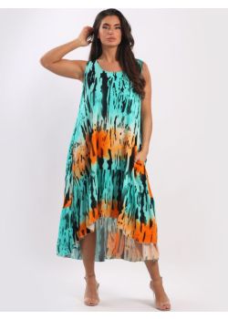 Italian Sleeveless Digital Tie Dye Print Ruffle Dip Hem Lagenlook Tank Dress