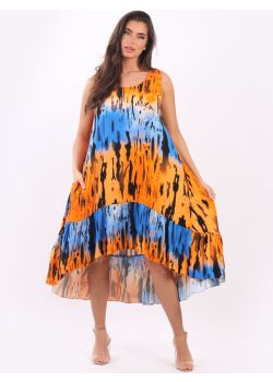 Italian Sleeveless Digital Tie Dye Print Ruffle Dip Hem Lagenlook Tank Dress