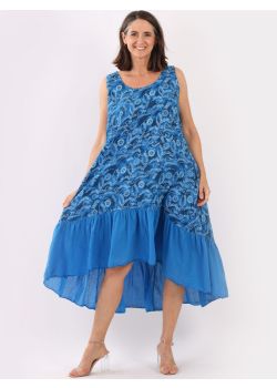 Italian Sleeveless Ruffle Dipped Hem Linen Lagenlook Floral Midi Dress