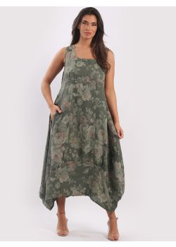 Italian Square Neck Floral Print Sleeveless Linen Dress