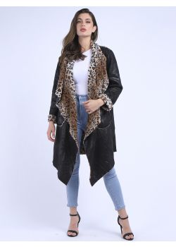 Italian Wet Look & Leopard Print Tunic Dual Cardigan