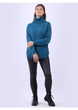 Ladies Polo Neck Cable Knit Lagenlook Ribbed Sweater