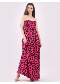 Leopard Print Shirred Flared Boob Tube Maxi Dress