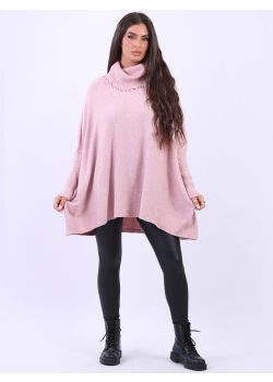 Loose Fitting Fringe Cowl Neck Plus Size Batwing Knitted Poncho