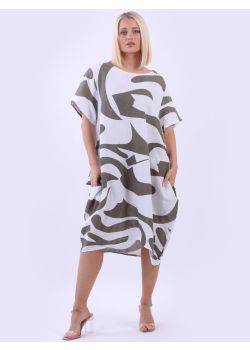 Made In Italy Abstract Print Linen Lagenlook Midi Quirky Dress