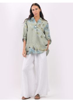 Made In Italy Buttons Down Hi-Lo Linen Lagenlook Floral Top