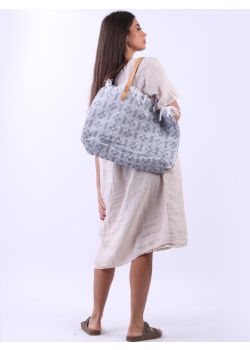  Made In Italy Check Pattern Canvas Tote Bag-Silver 