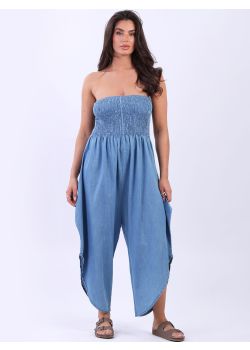 Made In Italy Denim Smocked Tube Cotton Jumpsuit