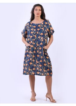 Made In Italy Digital Tulip Print Lagenlook Midi Linen Dress