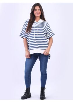 Made In Italy Dipped Hem Lagenlook Stripy Cotton Hoodie