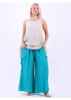 Made In Italy Flap Pockets Solid Linen Wide Leg Trouser
