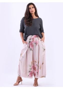 Made In Italy Floral Print Wide Leg Linen Culotte
