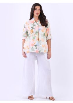 Made In Italy Front Button Women Multi Floral Linen Lagenlook Top