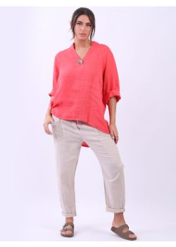 Made In Italy High Low Linen Lagenlook Button Top