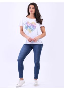 Made In Italy Multi Hearts Print Lagenlook Cotton T-Shirt