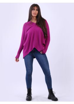 Made In Italy Plain Batwing V-Neck Lagenlook Knitted Top