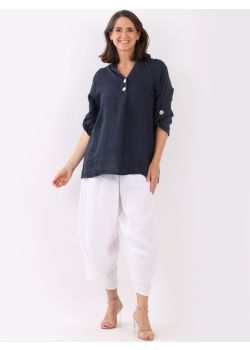 Made In Italy Plain Front Buttons Dipped Hem Linen Lagenlook Top