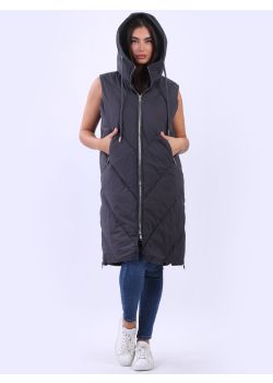 Made In Italy Plain Lagenlook Plus Size Hooded Long Puffer Gilet