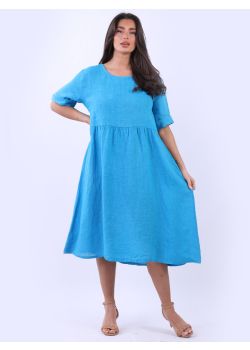 Made In Italy Plain Linen Lagenlook Plus Size Swing Dress