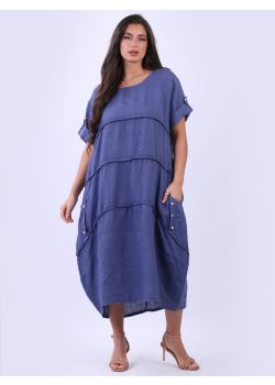 Made In Italy Plain Front Pleated Side Pockets Linen Lagenlook Button Dress