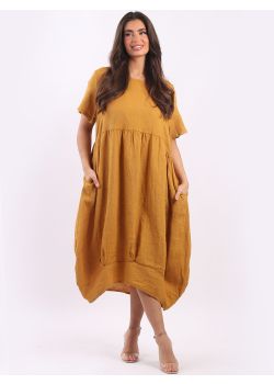 Made In Italy Plain Linen Quirky Lagenlook Midi Swing Dress