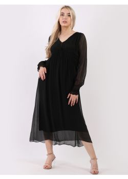 Made in Italy Plain Shirred Lagenlook Peasant Maxi Silk Dress
