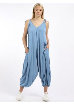 Made In Italy Plain V-Neck Pleated Lagenlook Balloon Jumpsuit