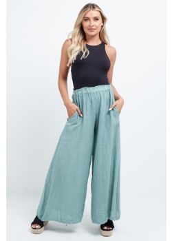 Made In Italy Plain Wide Leg Linen Palazzo Pant