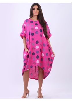 Made In Italy Polka Dots Lagenook Midi Plus Size Linen Dress