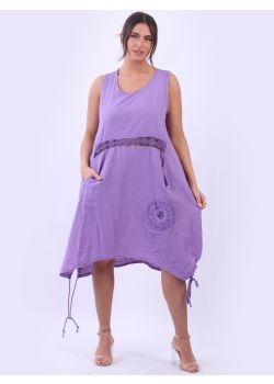 Made In Italy Sleeveless Crochet Applique Lagenlook Linen Tank Dress