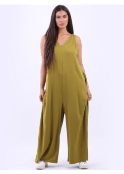 Made In Italy Sleeveless V-Neck Plus Size Solid Cotton Jumpsuit