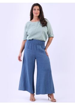 Made In Italy Smock Waist Solid Linen Wide Leg Palazzo Trouser