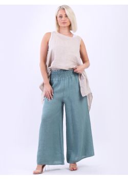 Made In Italy Smock Waist Solid Linen Wide Leg Palazzo Trouser