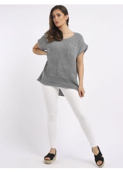 Made In Italy Stone Wash Relaxed Fit Linen Plain Lagenlook Crop Top
