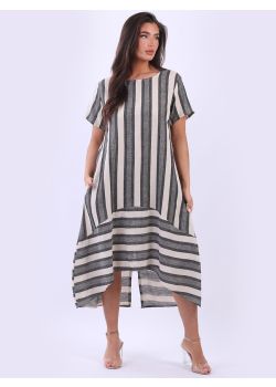 Made In Italy Stripe Print Linen Lagenlook Hi-Lo Dress
